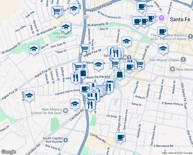 map of restaurants, bars, coffee shops, grocery stores, and more near 546 Alarid Street in Santa Fe