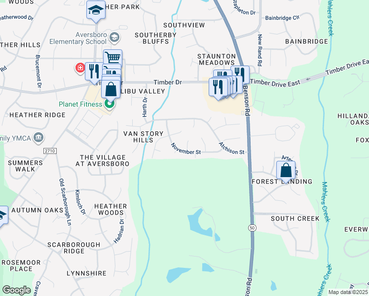 map of restaurants, bars, coffee shops, grocery stores, and more near 402 November Street in Garner