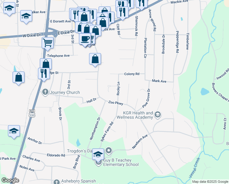 map of restaurants, bars, coffee shops, grocery stores, and more near 1800 Rocky Lane in Asheboro