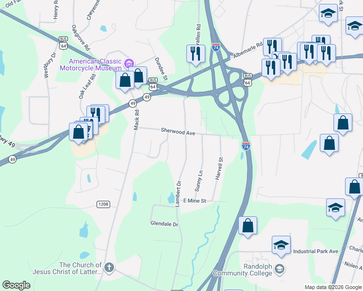 map of restaurants, bars, coffee shops, grocery stores, and more near 322 Lambert Drive in Asheboro