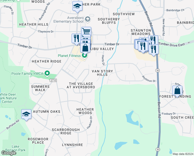 map of restaurants, bars, coffee shops, grocery stores, and more near 202 Shoals Lane in Garner