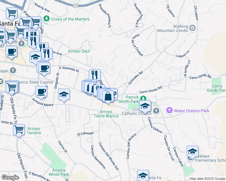 map of restaurants, bars, coffee shops, grocery stores, and more near 856 East Palace Avenue in Santa Fe