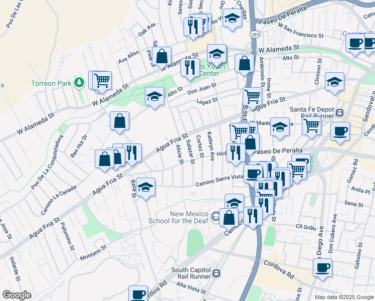 map of restaurants, bars, coffee shops, grocery stores, and more near 514 Salazar Street in Santa Fe