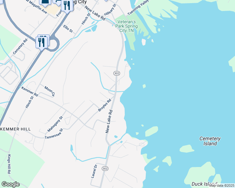 map of restaurants, bars, coffee shops, grocery stores, and more near 1011 New Lake Road in Spring City