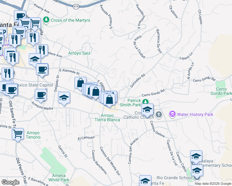 map of restaurants, bars, coffee shops, grocery stores, and more near 856 East Palace Avenue in Santa Fe