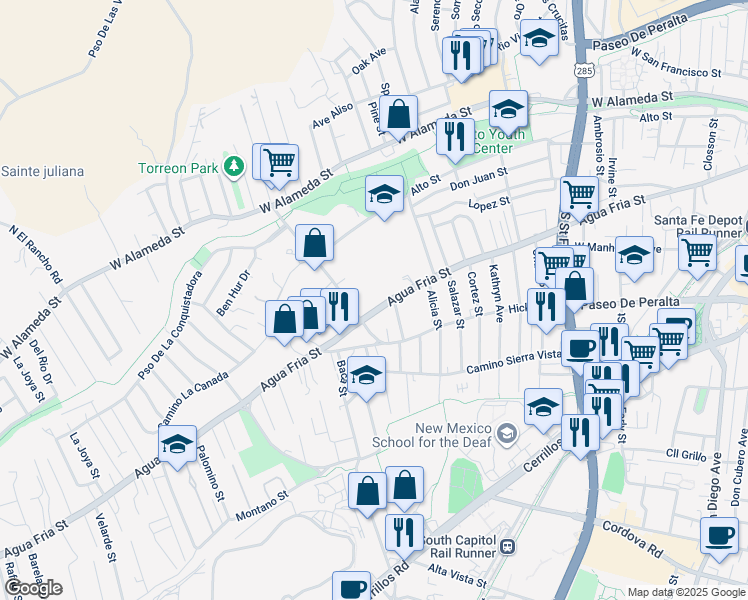 map of restaurants, bars, coffee shops, grocery stores, and more near 1207 Agua Fria Street in Santa Fe
