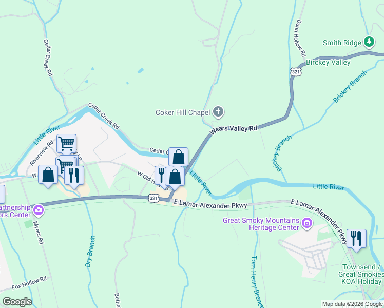 map of restaurants, bars, coffee shops, grocery stores, and more near 209 Wears Valley Road in Townsend