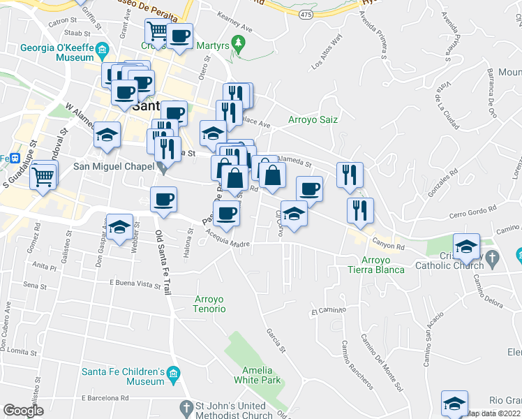 map of restaurants, bars, coffee shops, grocery stores, and more near 325 Delgado Street in Santa Fe