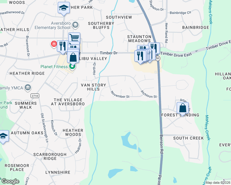 map of restaurants, bars, coffee shops, grocery stores, and more near 505 November Street in Garner