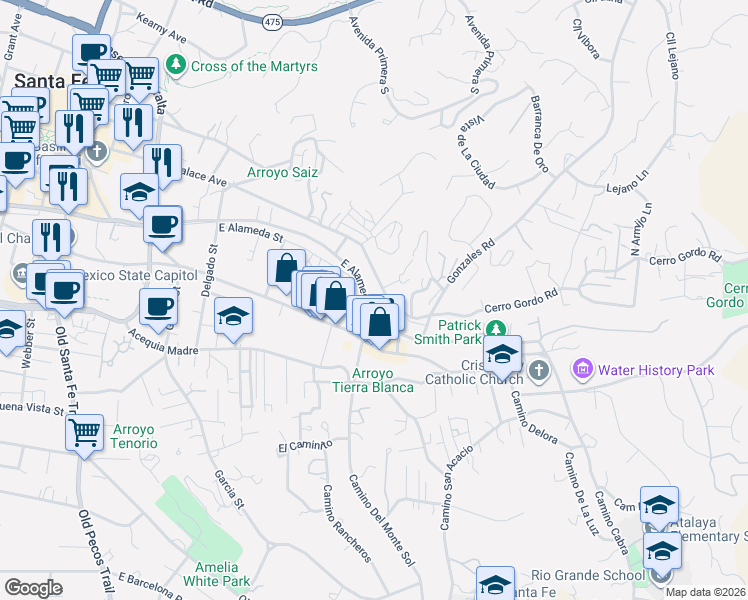 map of restaurants, bars, coffee shops, grocery stores, and more near 856 East Palace Avenue in Santa Fe