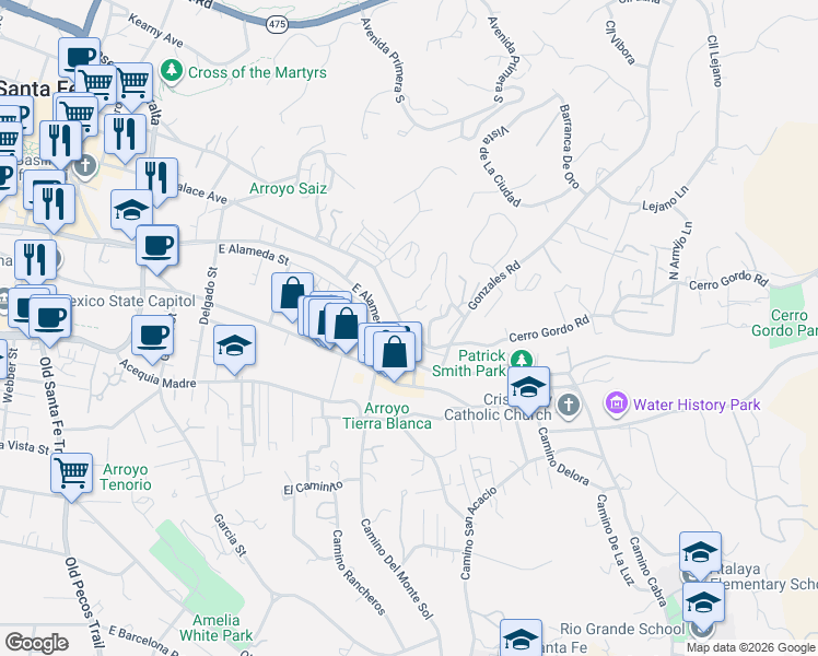map of restaurants, bars, coffee shops, grocery stores, and more near 856 East Palace Avenue in Santa Fe
