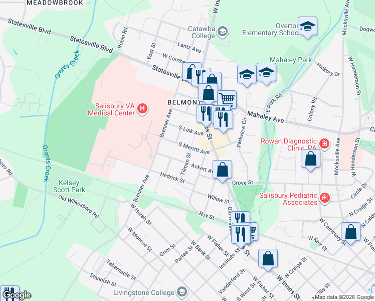 map of restaurants, bars, coffee shops, grocery stores, and more near 233 South Merritt Avenue in Salisbury