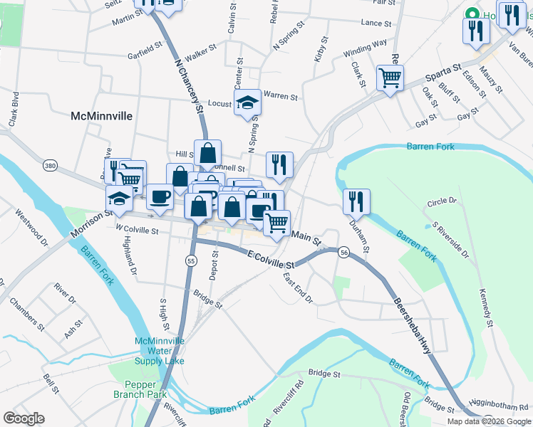 map of restaurants, bars, coffee shops, grocery stores, and more near 229 East Morford Street in McMinnville