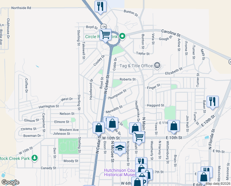 map of restaurants, bars, coffee shops, grocery stores, and more near 1230 Thompson Street in Borger