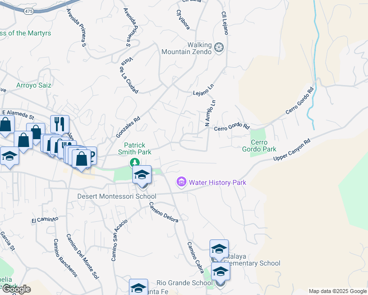 map of restaurants, bars, coffee shops, grocery stores, and more near 1238 Cerro Gordo Road in Santa Fe