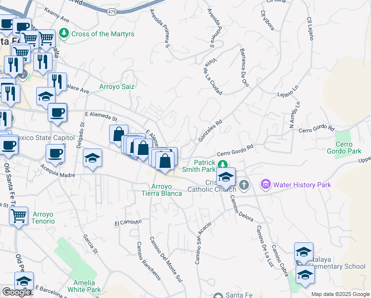 map of restaurants, bars, coffee shops, grocery stores, and more near 3 Montoya Circle in Santa Fe