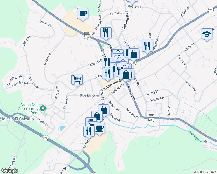 map of restaurants, bars, coffee shops, grocery stores, and more near 139 West Henderson Street in Marion