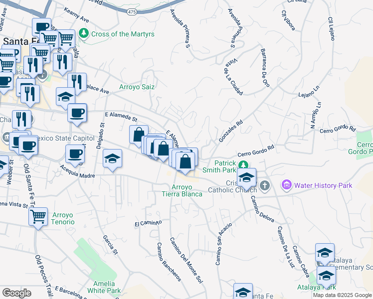 map of restaurants, bars, coffee shops, grocery stores, and more near 856 East Palace Avenue in Santa Fe