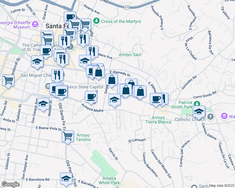 map of restaurants, bars, coffee shops, grocery stores, and more near 540 Canyon Road in Santa Fe