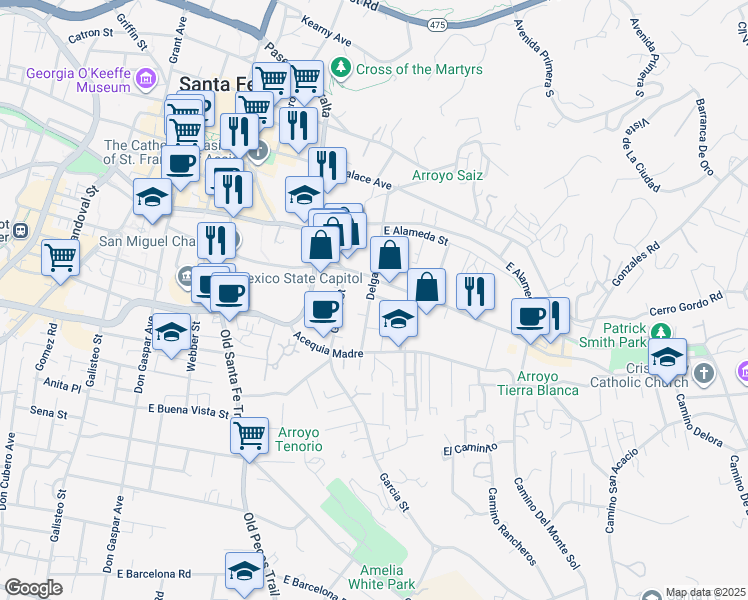 map of restaurants, bars, coffee shops, grocery stores, and more near 325 Delgado Street in Santa Fe