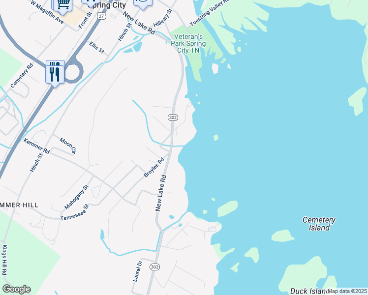 map of restaurants, bars, coffee shops, grocery stores, and more near 1011 New Lake Road in Spring City