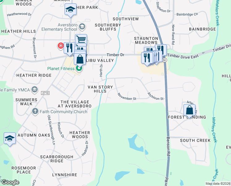 map of restaurants, bars, coffee shops, grocery stores, and more near 505 November Street in Garner