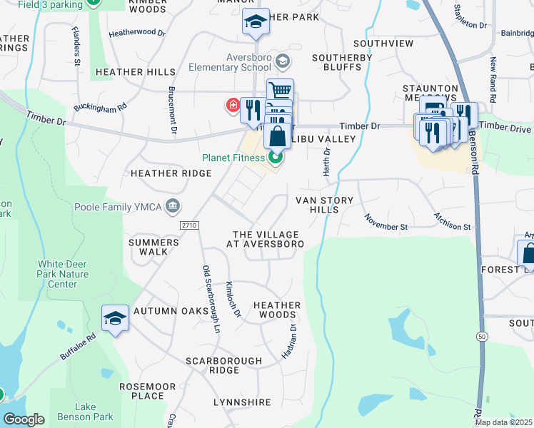 map of restaurants, bars, coffee shops, grocery stores, and more near 165 Easy Wind Lane in Garner