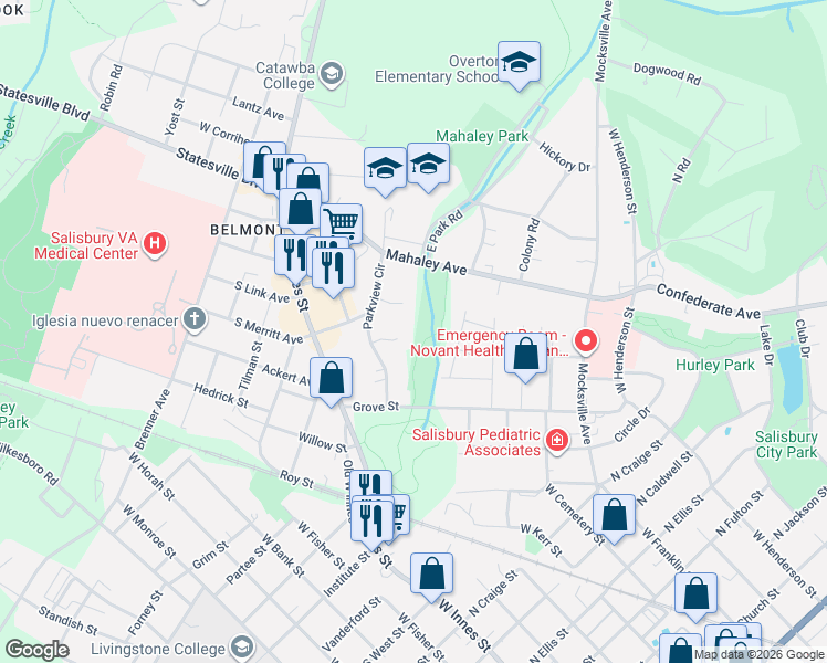 map of restaurants, bars, coffee shops, grocery stores, and more near 228 Valleyview Place in Salisbury