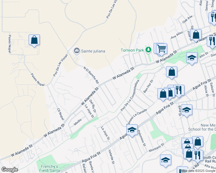 map of restaurants, bars, coffee shops, grocery stores, and more near 105 Caminito Montano in Santa Fe