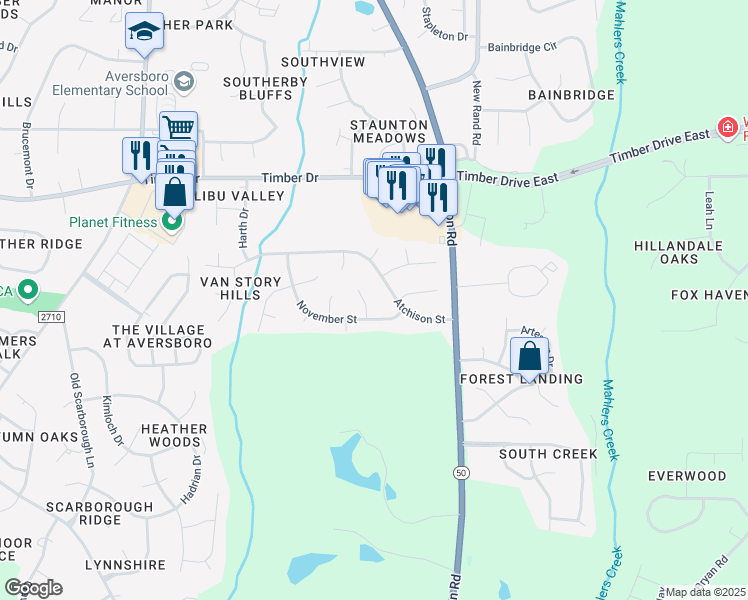 map of restaurants, bars, coffee shops, grocery stores, and more near 106 Olinda Court in Garner