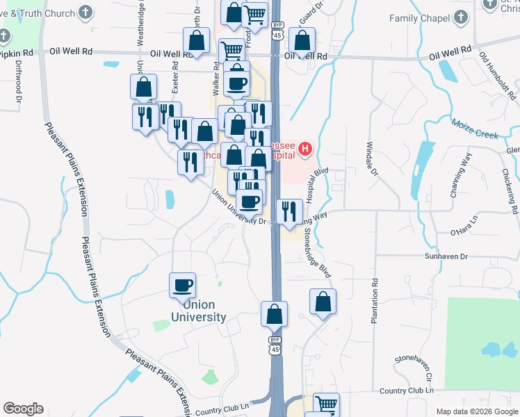 map of restaurants, bars, coffee shops, grocery stores, and more near 208 Stonebrook Place in Jackson