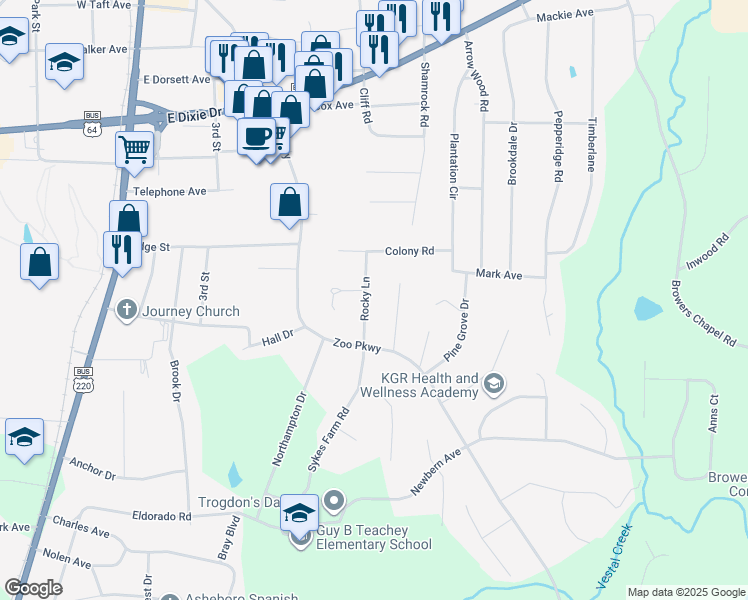 map of restaurants, bars, coffee shops, grocery stores, and more near 1745 Rocky Lane in Asheboro