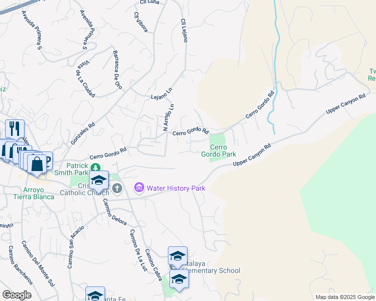 map of restaurants, bars, coffee shops, grocery stores, and more near 1330 Cerro Gordo Road in Santa Fe