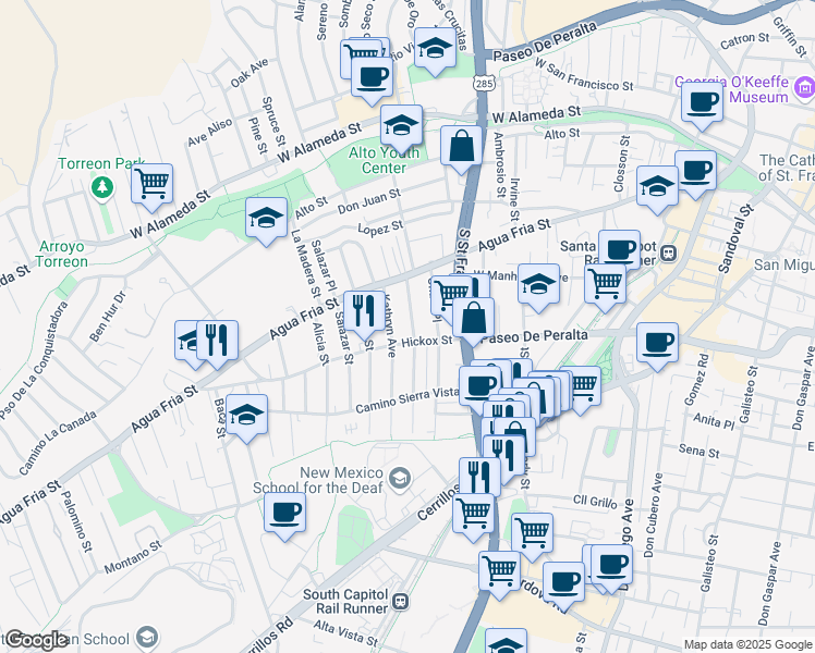 map of restaurants, bars, coffee shops, grocery stores, and more near 545 Franklin Avenue in Santa Fe