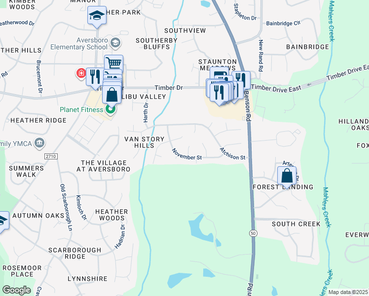map of restaurants, bars, coffee shops, grocery stores, and more near 103 Mercer Court in Garner