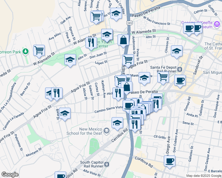 map of restaurants, bars, coffee shops, grocery stores, and more near 545 Franklin Avenue in Santa Fe