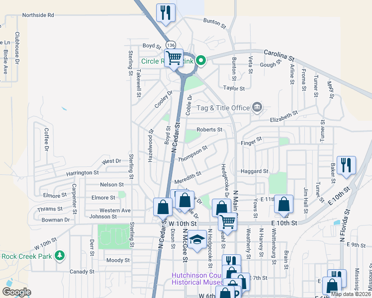 map of restaurants, bars, coffee shops, grocery stores, and more near 1230 Thompson Street in Borger