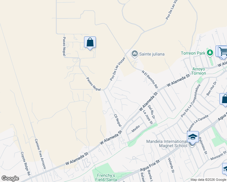 map of restaurants, bars, coffee shops, grocery stores, and more near 1614 City Lights Street in Santa Fe