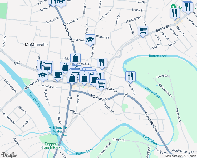 map of restaurants, bars, coffee shops, grocery stores, and more near 229 East Morford Street in McMinnville