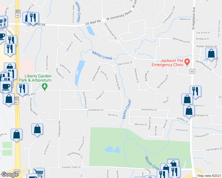map of restaurants, bars, coffee shops, grocery stores, and more near 93 O'Hara Lane in Jackson