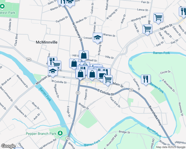 map of restaurants, bars, coffee shops, grocery stores, and more near 107 East Morford Street in McMinnville