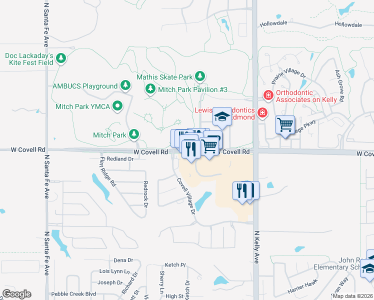 map of restaurants, bars, coffee shops, grocery stores, and more near 1271 West Covell Road in Edmond