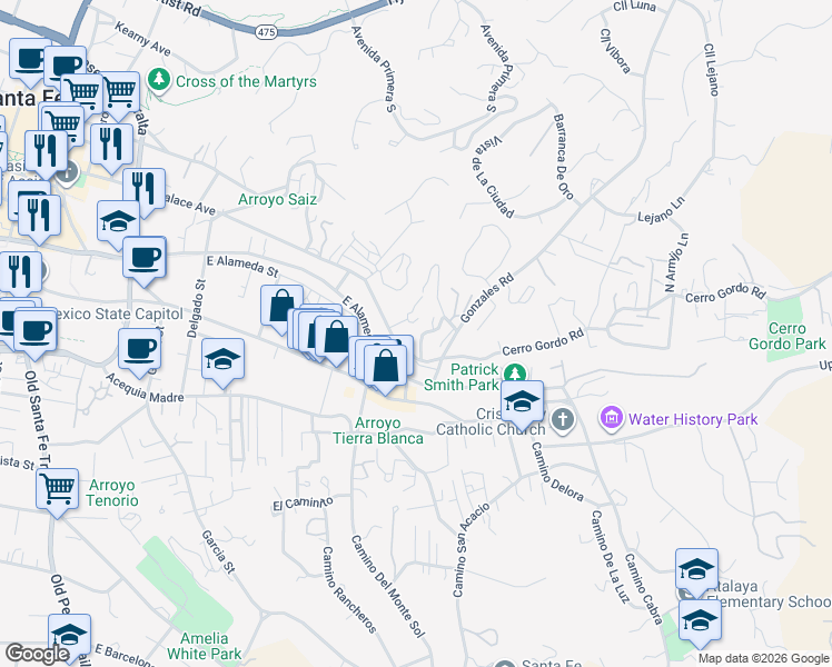 map of restaurants, bars, coffee shops, grocery stores, and more near 3 Montoya Circle in Santa Fe
