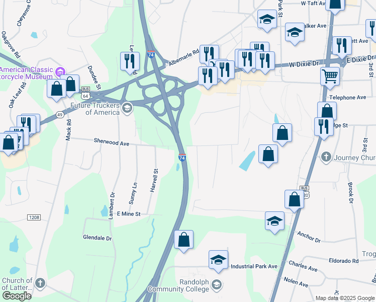 map of restaurants, bars, coffee shops, grocery stores, and more near 849 Sherwood Road in Asheboro