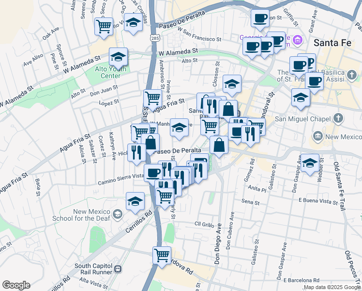 map of restaurants, bars, coffee shops, grocery stores, and more near 1617 Paseo De Peralta in Santa Fe