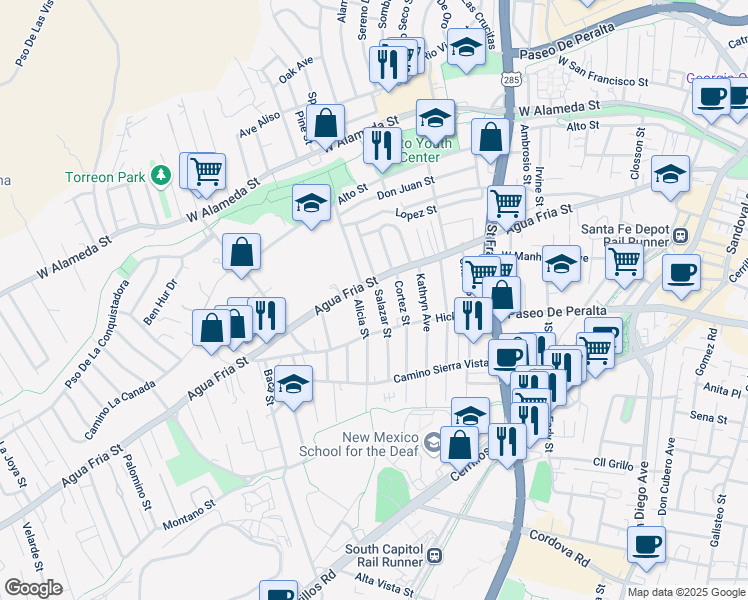 map of restaurants, bars, coffee shops, grocery stores, and more near 514 Salazar Street in Santa Fe
