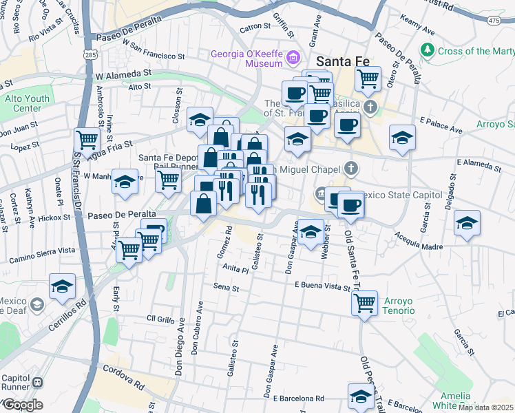 map of restaurants, bars, coffee shops, grocery stores, and more near 218 West Manhattan Avenue in Santa Fe