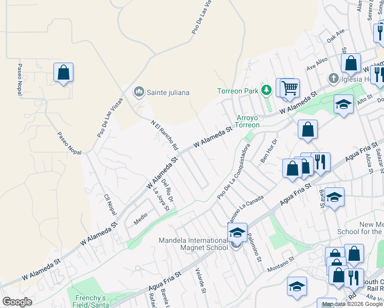 map of restaurants, bars, coffee shops, grocery stores, and more near 105 Caminito Montano in Santa Fe