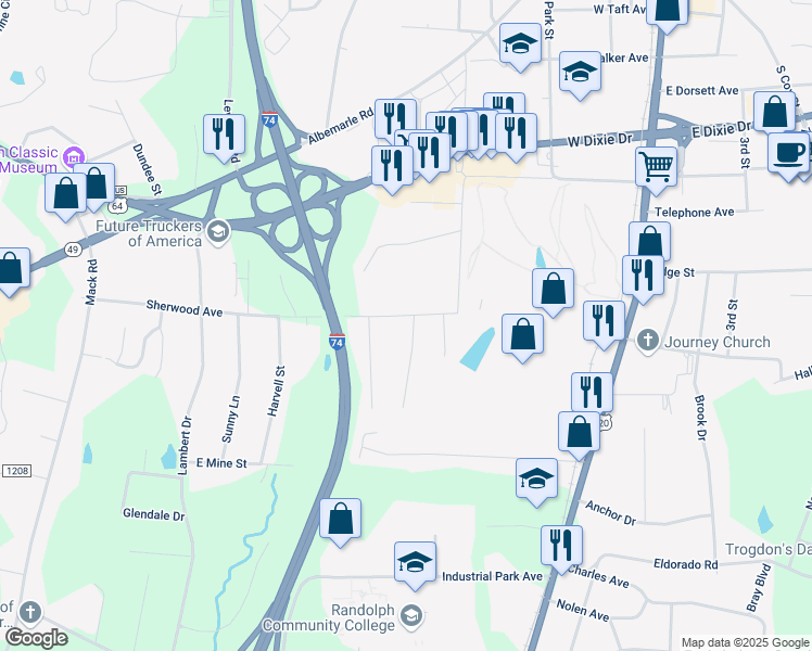 map of restaurants, bars, coffee shops, grocery stores, and more near 735 Sherwood Road in Asheboro