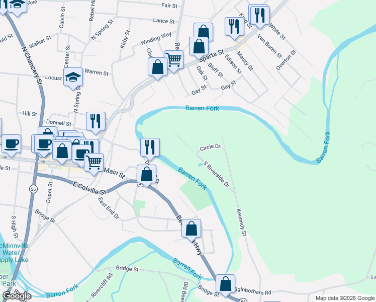 map of restaurants, bars, coffee shops, grocery stores, and more near 148 Circle Drive in McMinnville
